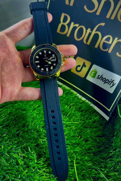 TIMEES Men's Quartz Watch – Black Dial with Gold Case & Black Silicone Strap