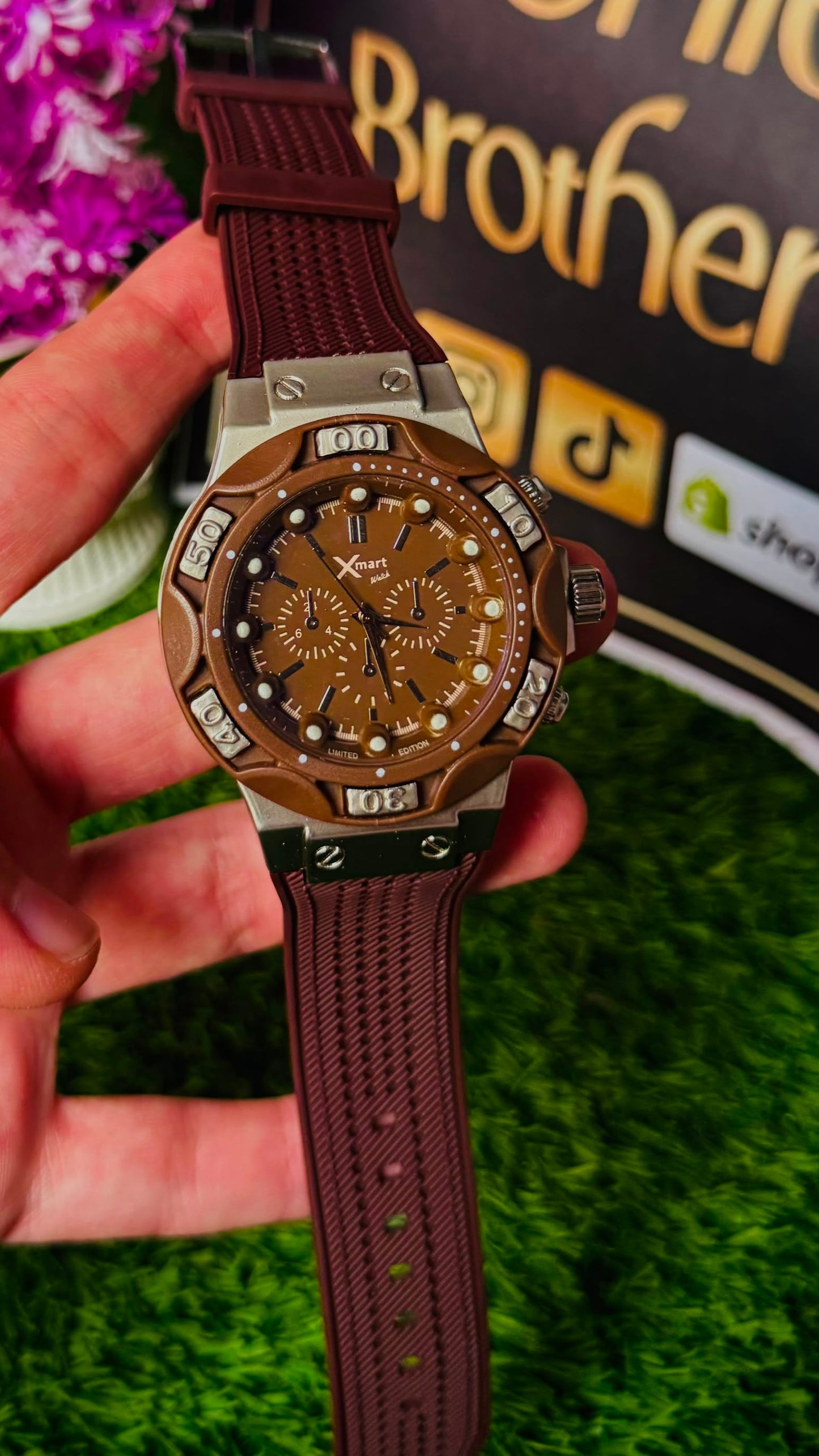Xmart Limited Edition Men's Sports Chronograph Watch - Brown Dial & Brown Silicone Strap