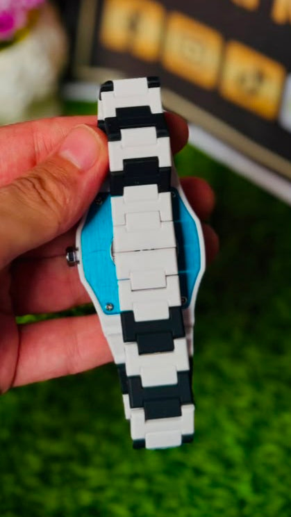 Arabic Dial Geometric Watch - Matte Black & White Dual Tone Integrated Bracelet