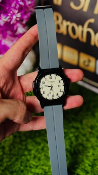 PP Grey Silicone Strap Black Dial Analog Watch with Date Display