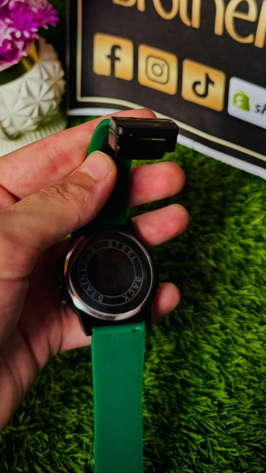 Green Silicone Strap Analog Watch with White Dial & Date Display