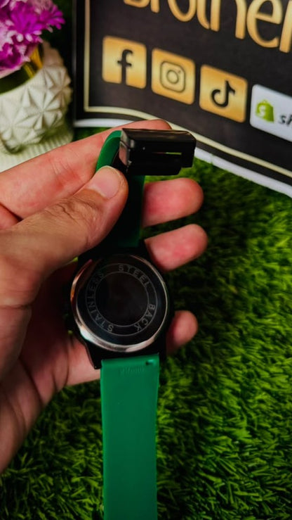 Green Silicone Strap Analog Watch with White Dial & Date Display