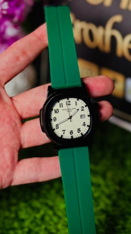 Green Silicone Strap Analog Watch with White Dial & Date Display