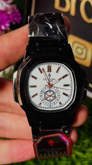 Crystal Time Men's Fashion Watch: Black Octagonal Case with White Dial, Rose Gold Accents & Sub-Dial Detail