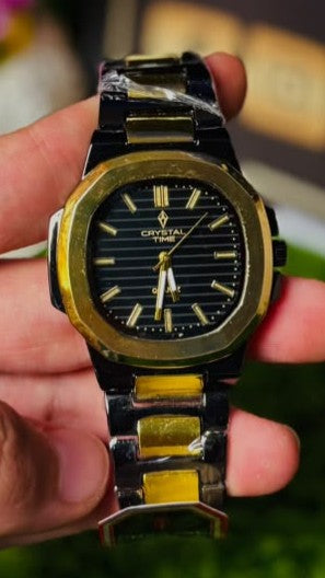 Crystal Time Luxury Dual-Tone Watch: Black & Gold Octagonal Dial with Metallic Link Strap for Men