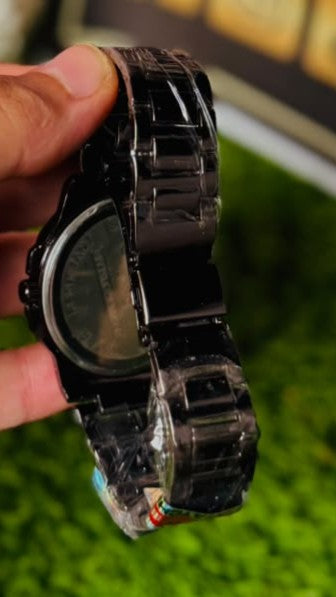 Crystal Time All-Black Edition: Luxury Octagonal Case Men's Watch with Rose Gold Indices & Stainless Steel Chain Strap