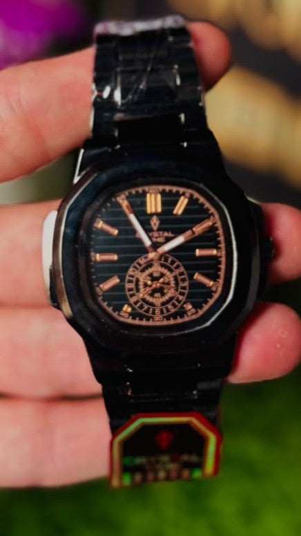 Crystal Time All-Black Edition: Luxury Octagonal Case Men's Watch with Rose Gold Indices & Stainless Steel Chain Strap