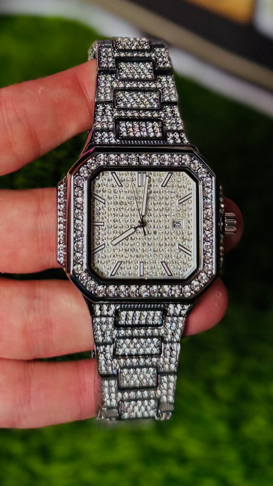PP Style Full Iced-Out Diamond Watch for Men - Fully Studded Square Dial & Bracelet