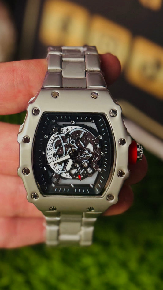 HB Men Luxury Silver Skeleton Watch for Men – Tonneau Stainless Steel Strap