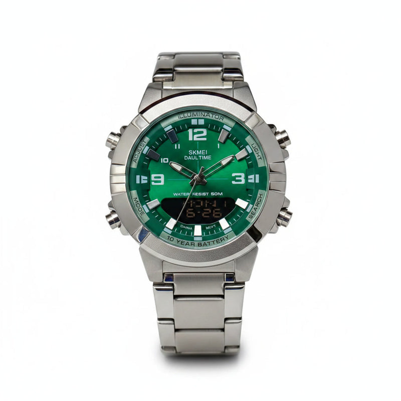 Dual Display Men's Watch – Silver Strap | Green Dial