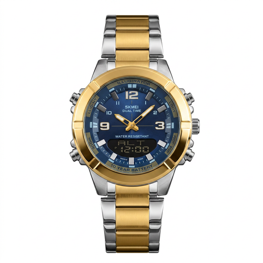 Dual Display Men's Watch – Gold & Silver Strap | Blue Dial