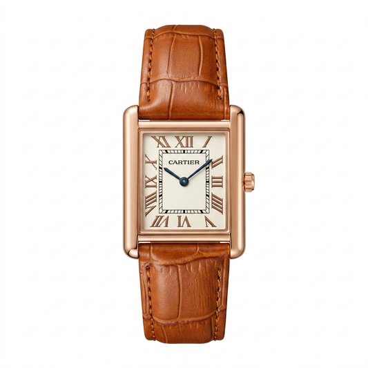 Cartier tan brown Leather Strap Rectangle Dress Watch