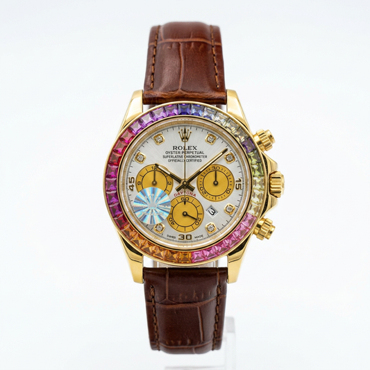 RLX Men's Rainbow Quartz Watch – Brown Leather Strap | White Dial with Gold Case