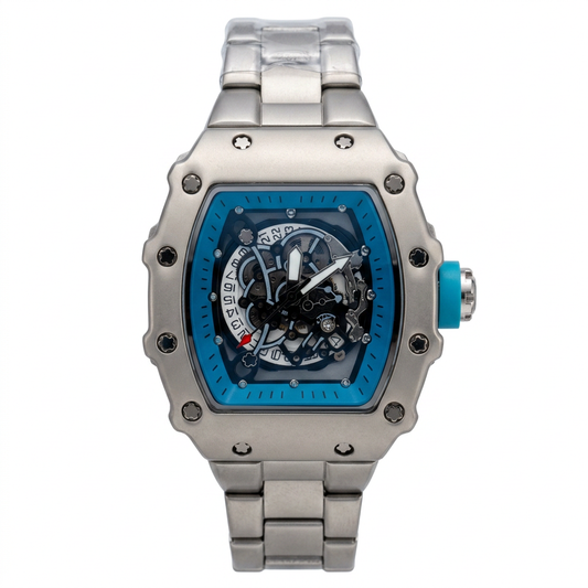 HB Skeletal Tonneau-Case Sports Watch with Light Blue Inner Bezel