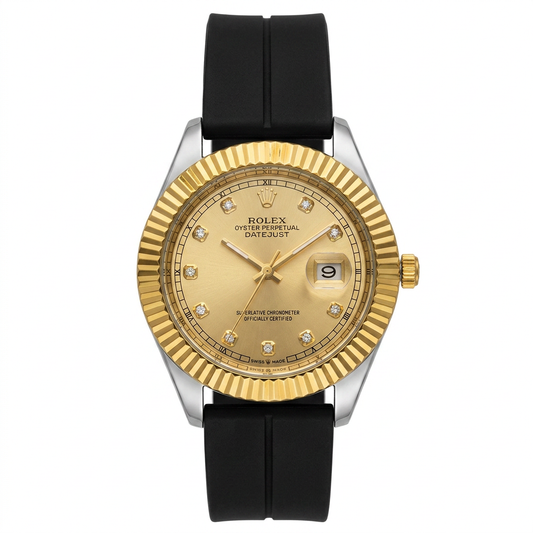 Rlx Datejust Gold Dial Watch for Men - Diamond Markers, Fluted Bezel & Magnetic Lock Silicone Strap