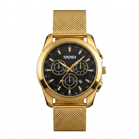 SKMEI Gold Quartz Watch for Men - Black Dial & Mesh Stainless Steel Strap