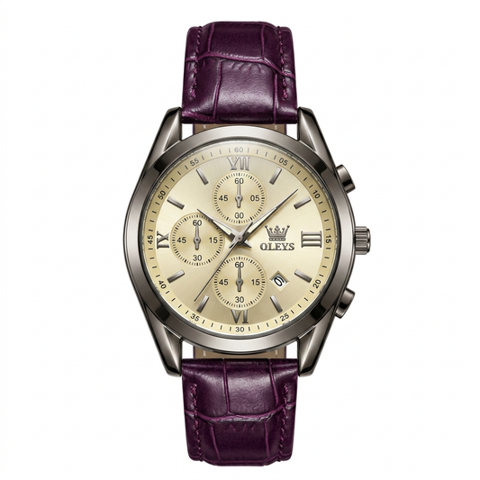 OLEVS Silver Dial Chronograph Quartz Watch for Men - Brown Crocodile Leather Strap