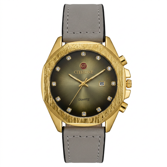 CITIZONE Gold Case Quartz Watch for Men - Diamond Index Dial & Greyish Off-White Leather Strap