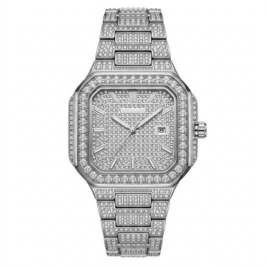 PP Style Full Iced-Out Diamond Watch for Men - Fully Studded Square Dial & Bracelet
