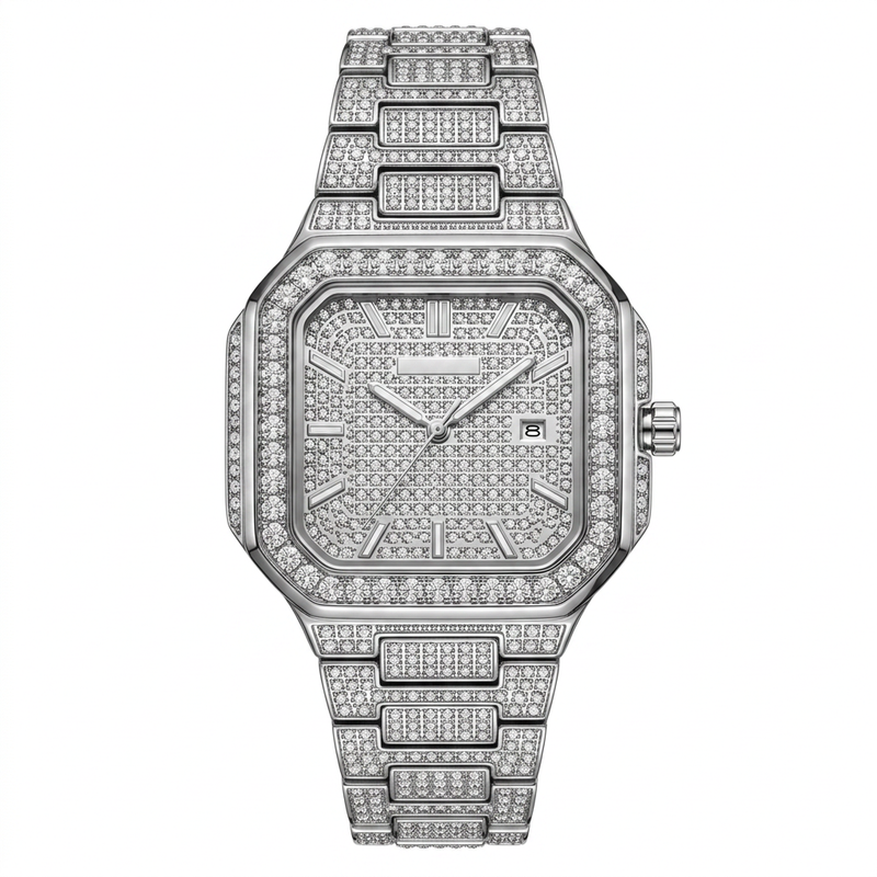 PP Style Full Iced-Out Diamond Watch for Men - Fully Studded Square Dial & Bracelet