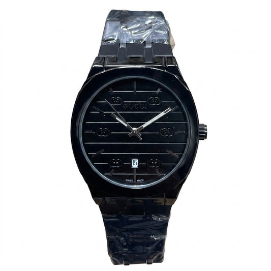 Guc-ci Stainless Steel Men's Analog Watch with Date Display – Silver & Black Dial