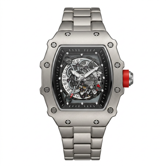 HB Men Luxury Silver Skeleton Watch for Men – Tonneau Stainless Steel Strap