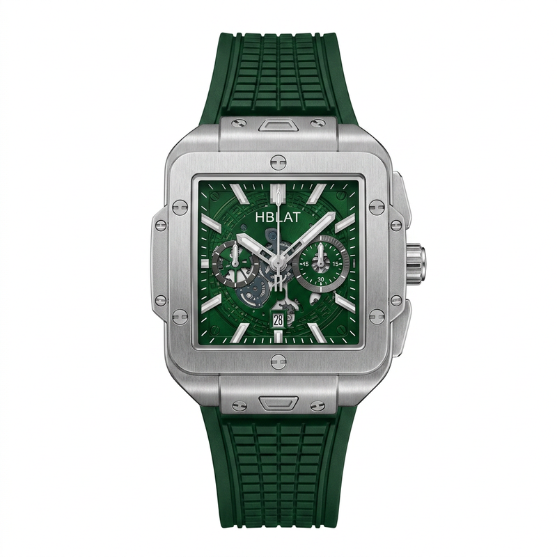 HB Square-Dial Chronograph Luxury Men's Watch | Silicone Rubber Strap Sports Timepiece