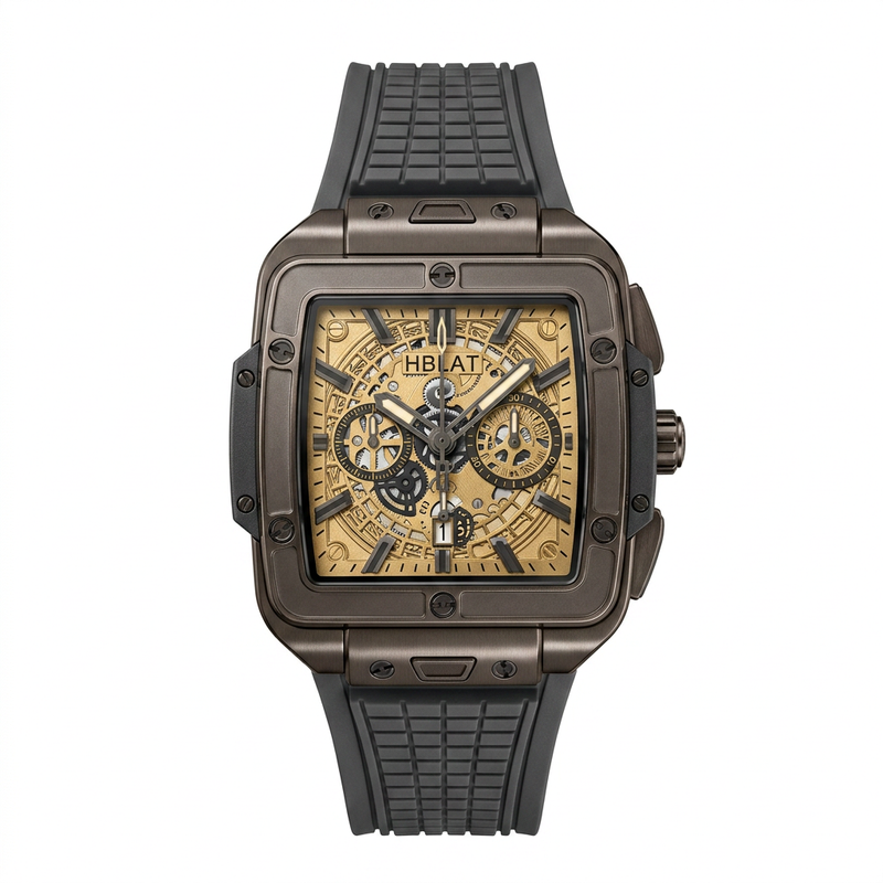 HB Square-Dial Chronograph Luxury Men's Watch | Silicone Rubber Strap Sports Timepiece