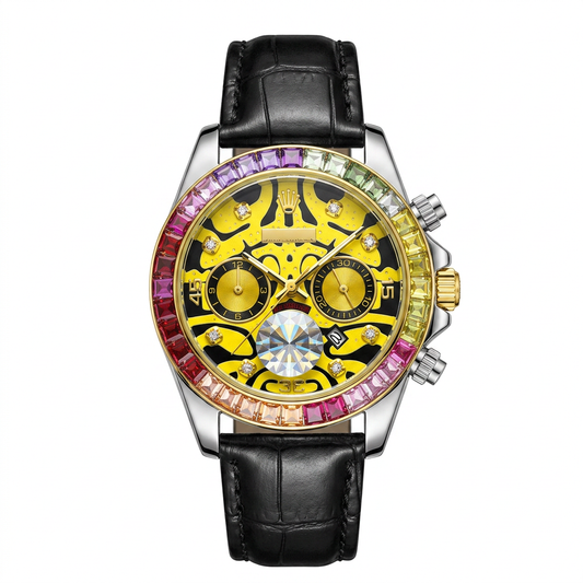 RLX Black Dial Chronograph Watch with Rainbow Bezel & Black Leather Strap