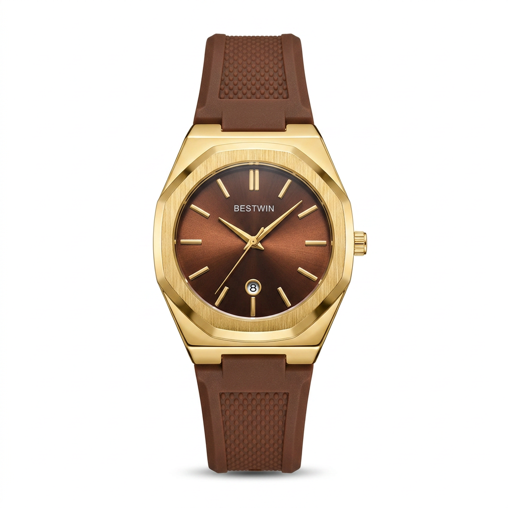 BESTWIN Premium Gold Octagon Watch for Men - Brown Silicone Strap with Date