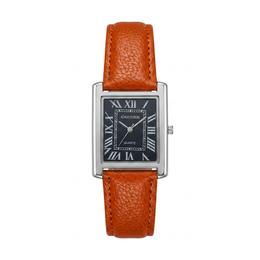 Cartier Orange Leather Strap Rectangle Dress Watch