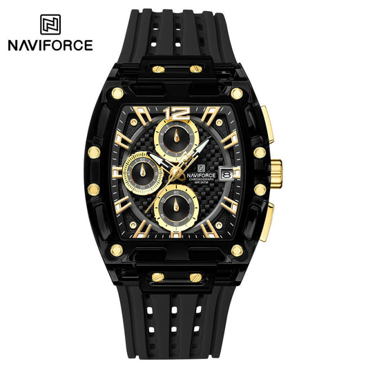 NAVI_FORCE Luxury Tonneau Sports Quartz Watch for Men - Black & Yellow Dial with Silicone Strap