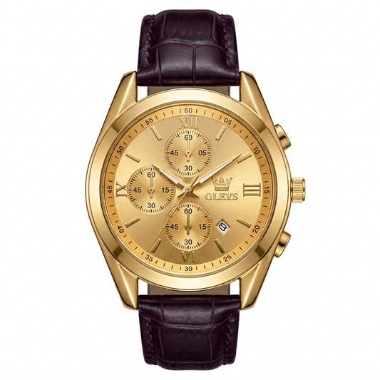 OLEVS Gold Dial Chronograph Quartz Watch for Men - Brown Crocodile Leather Strap