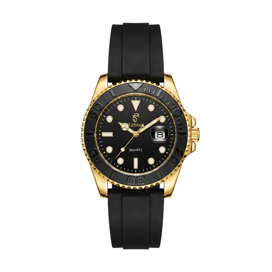 TIMEES Men's Quartz Watch – Black Dial with Gold Case & Black Silicone Strap