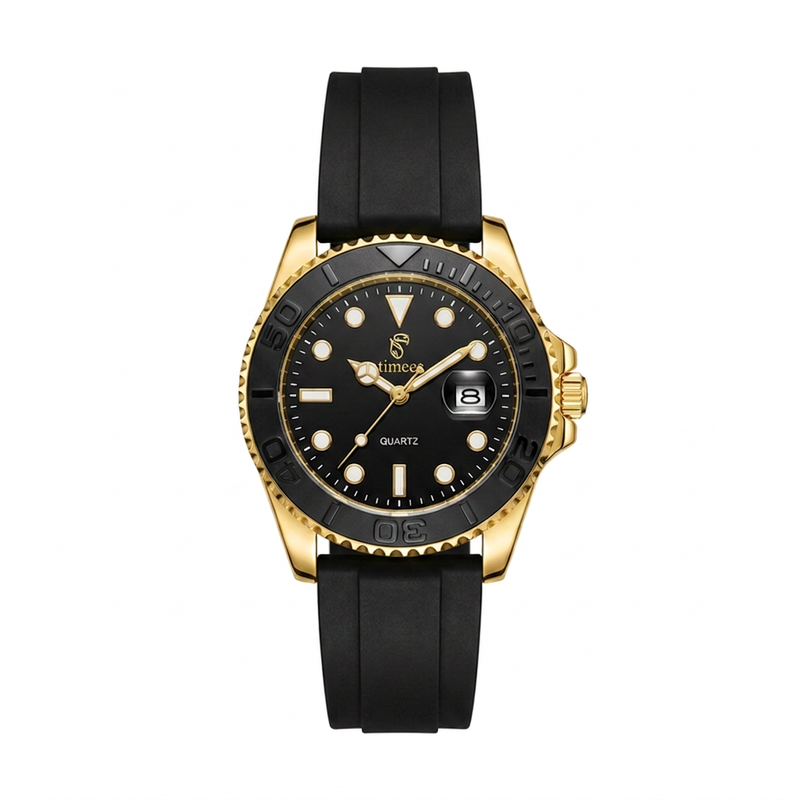 TIMEES Men's Quartz Watch – Black Dial with Gold Case & Black Silicone Strap